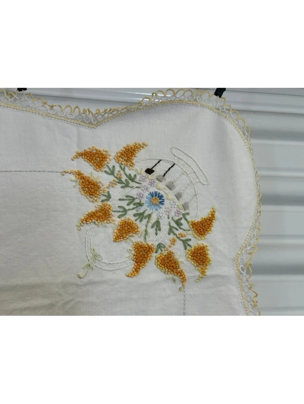 Hand Embroidered Vintage Floral Scalloped Edges Card Table Tablecloth Topper